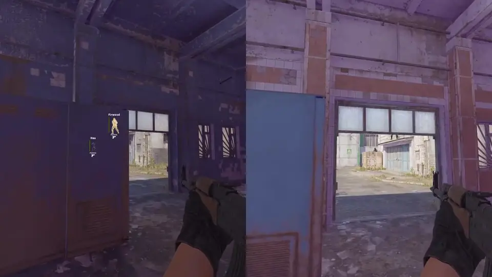 The same de_cache route shown with a wallhack on the left and normal CS2 on the right